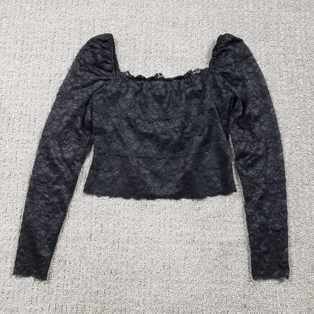 Guess Blouse Womens M Black Lace Crop Square Neck Floral Whimsy Goth Y2K Top